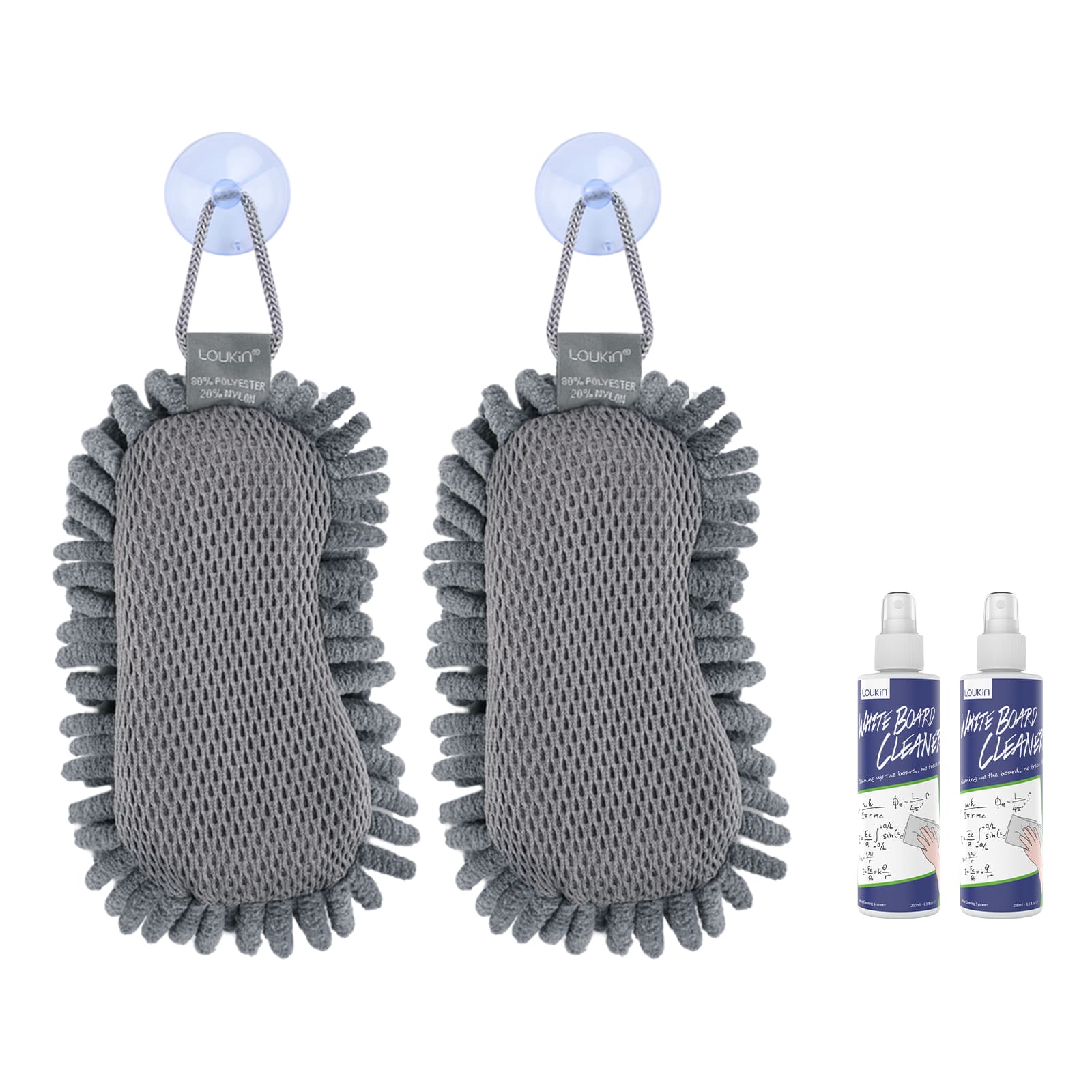 A product image showing a two-pack set of the gray LOUKIN Microfiber Shag Dry Erase Eraser, model W3510K, each with a suction cup hanger, and two bottles of whiteboard cleaner.