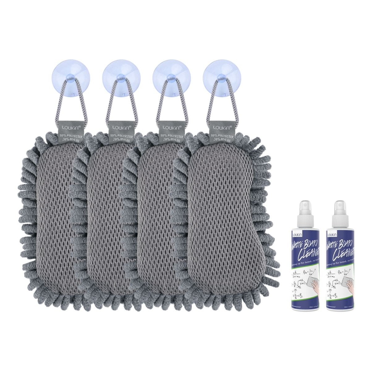 A product image showing a four-pack set of the gray LOUKIN Microfiber Shag Dry Erase Eraser, model W3510K, each with a suction cup hanger, and two bottles of whiteboard cleaner.