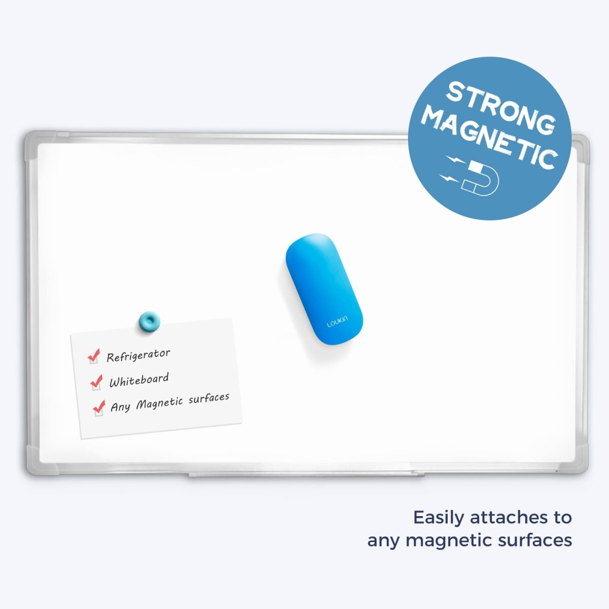 A product image of the blue LOUKIN Replacable Dry Erase Eraser, model W3517K, magnetically attached to a whiteboard. The image highlights the "STRONG MAGNETIC" feature, allowing it to easily attach to a refrigerator, whiteboard, or any magnetic surface.