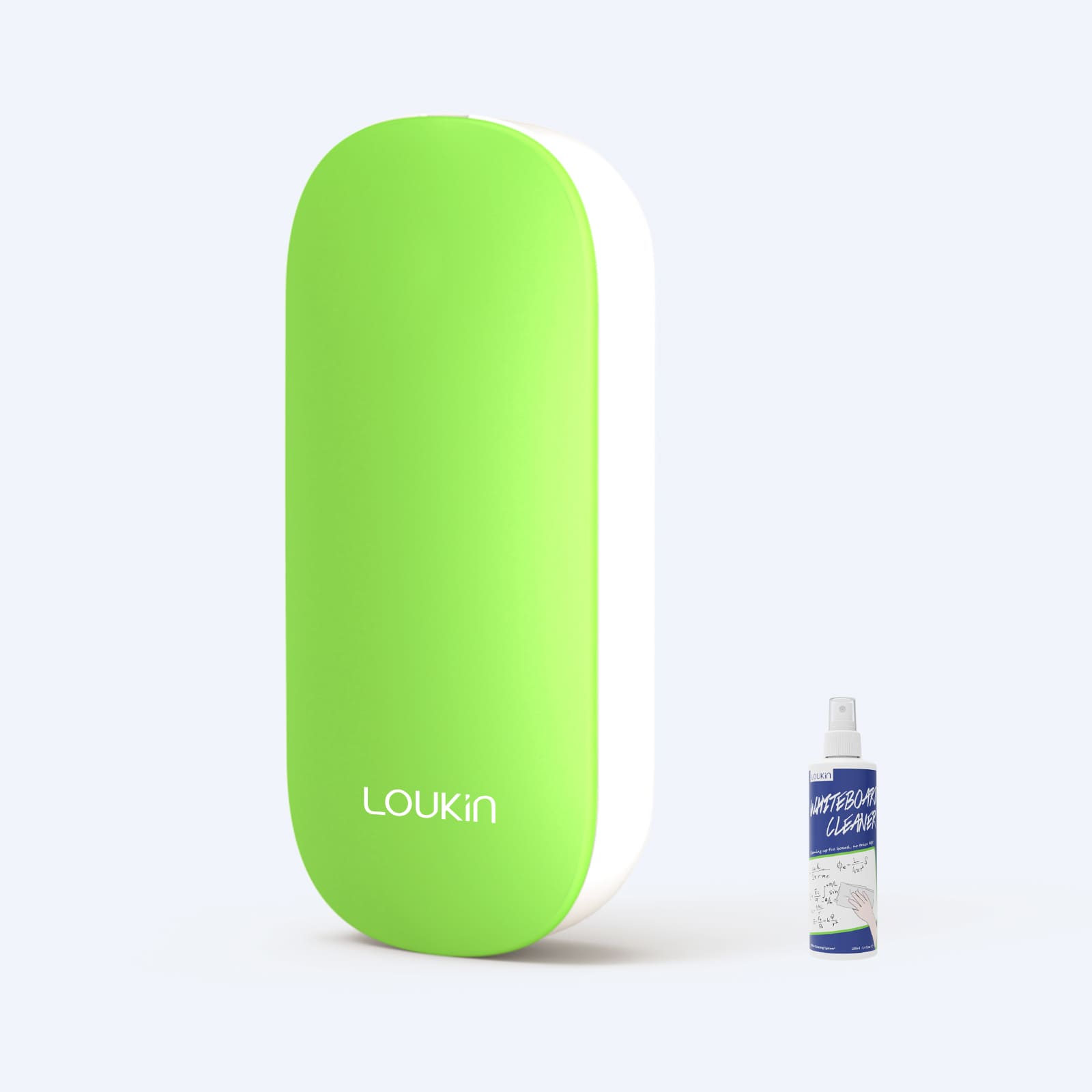 A product image of the bright green LOUKIN Replacable Dry Erase Eraser, model W3517K, with a sleek, vertical design, presented alongside a gift bottle of whiteboard cleaner.