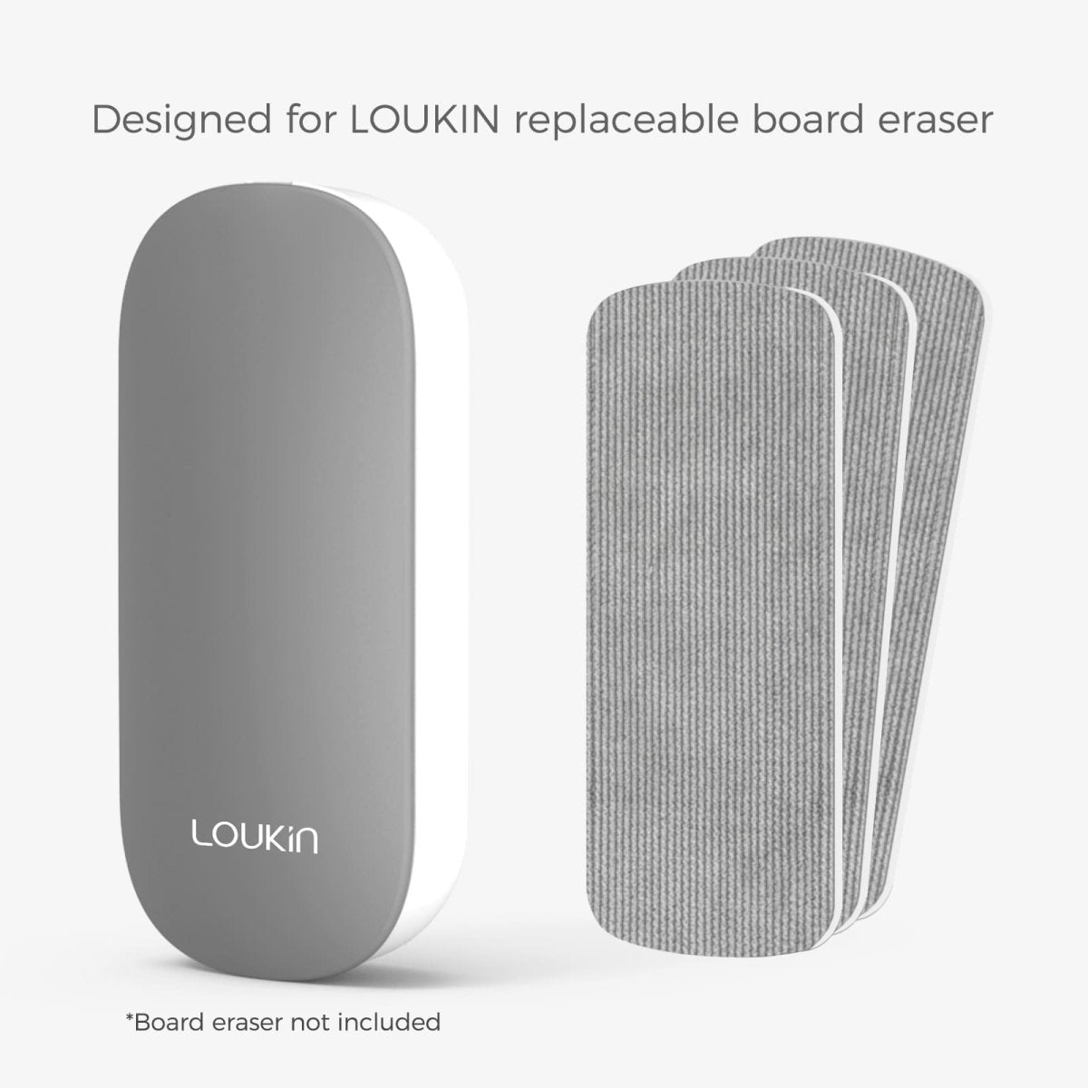A product image showing the gray LOUKIN Replacable Dry Erase Eraser, model W3517K, alongside three gray replacement cleaning pads. The text indicates the pads are "Designed for LOUKIN replaceable board eraser" (eraser not included).