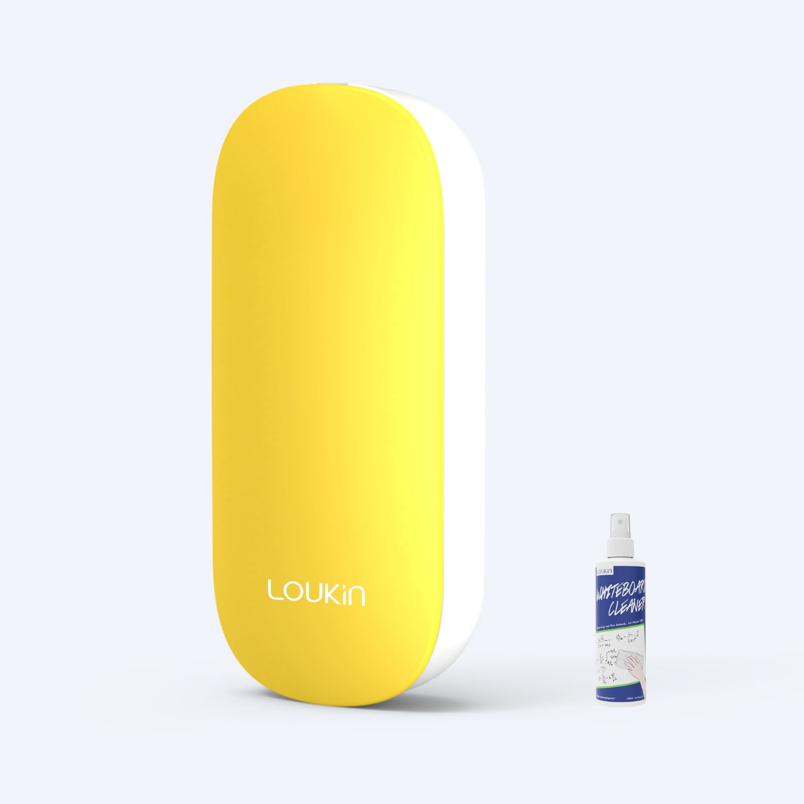A product image of the yellow LOUKIN Replacable Dry Erase Eraser, model W3517K, with a sleek, vertical design, presented alongside a gift bottle of whiteboard cleaner.