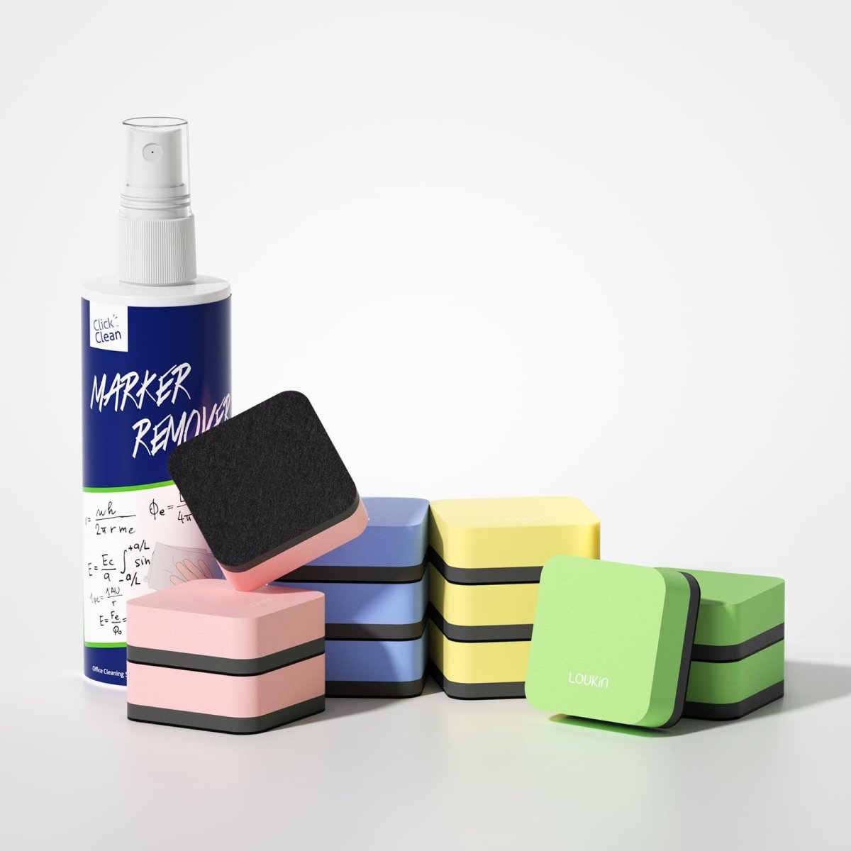 A main product image displaying the **12 Pcs Kid Magnetic Dry Erase Erasers** from LOUKIN, model W3526K. The set includes erasers in three cartoon animal designs: pink unicorn, blue deer, and gray lion.