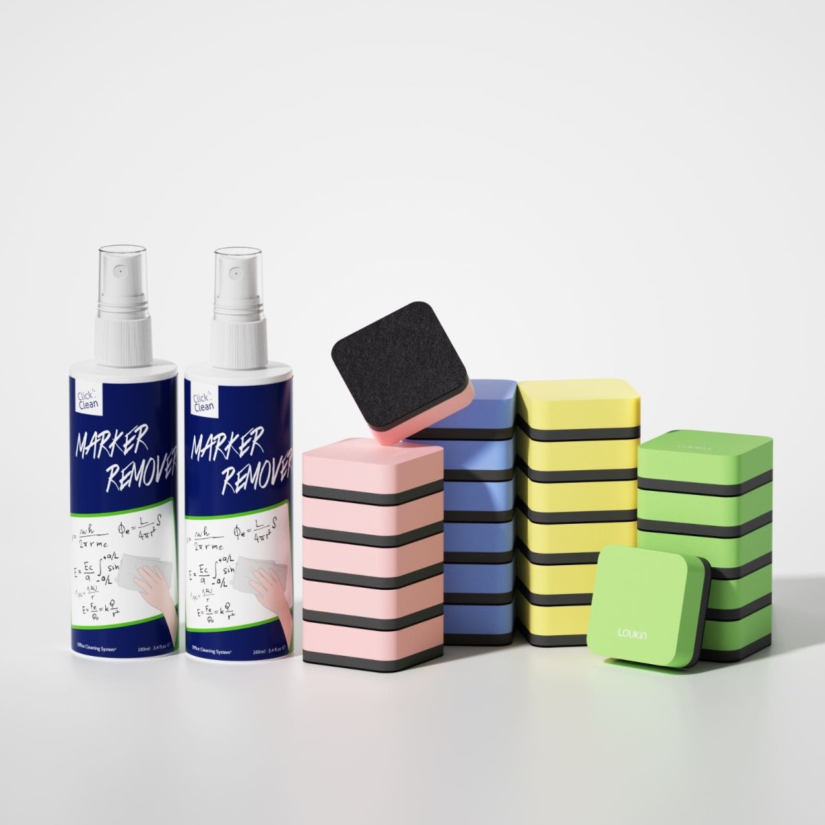 A main product image displaying the **12 Pcs Kid Magnetic Dry Erase Erasers** from LOUKIN, model W3526K. The set includes erasers in three cartoon animal designs: pink unicorn, blue deer, and gray lion.