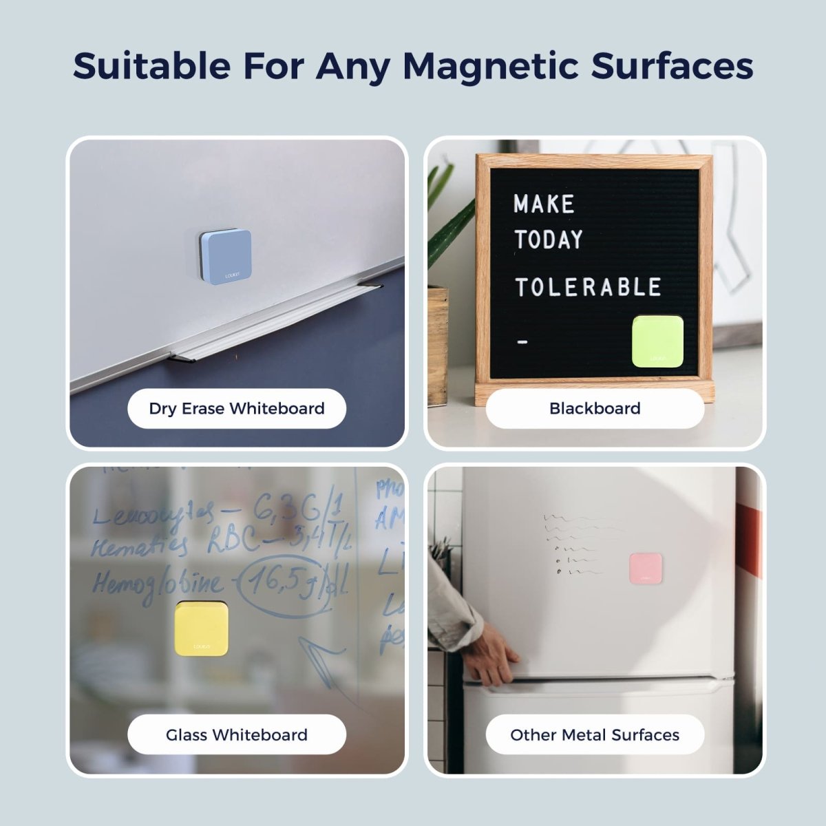 A four-panel product image showing that the LOUKIN Mini Dry Erase Eraser, model W3526K, is **Suitable For Any Magnetic Surfaces**. The examples shown include a **Dry Erase Whiteboard**, **Blackboard**, **Glass Whiteboard**, and **Other Metal Surfaces** (like a refrigerator).