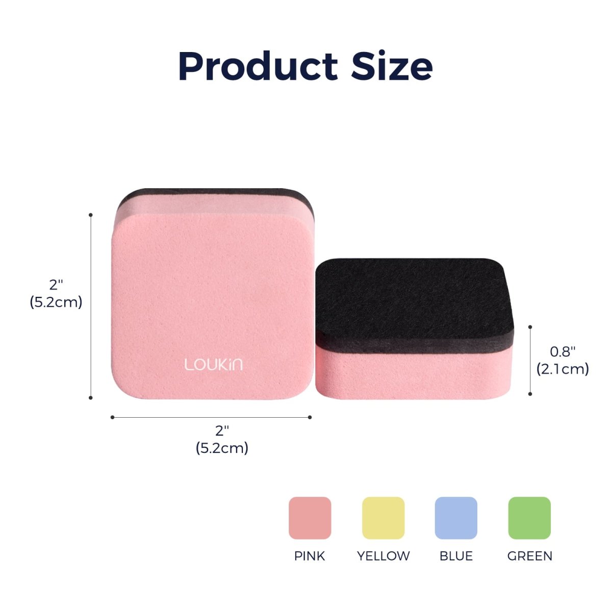 A product size chart image of the LOUKIN **Mini Dry Erase Eraser**, model W3526K, in pink. The dimensions are 2" (5.2cm) x 2" (5.2cm) x 0.8" (2.1cm). The image also shows the optional colors: Pink, Yellow, Blue, and Green.
