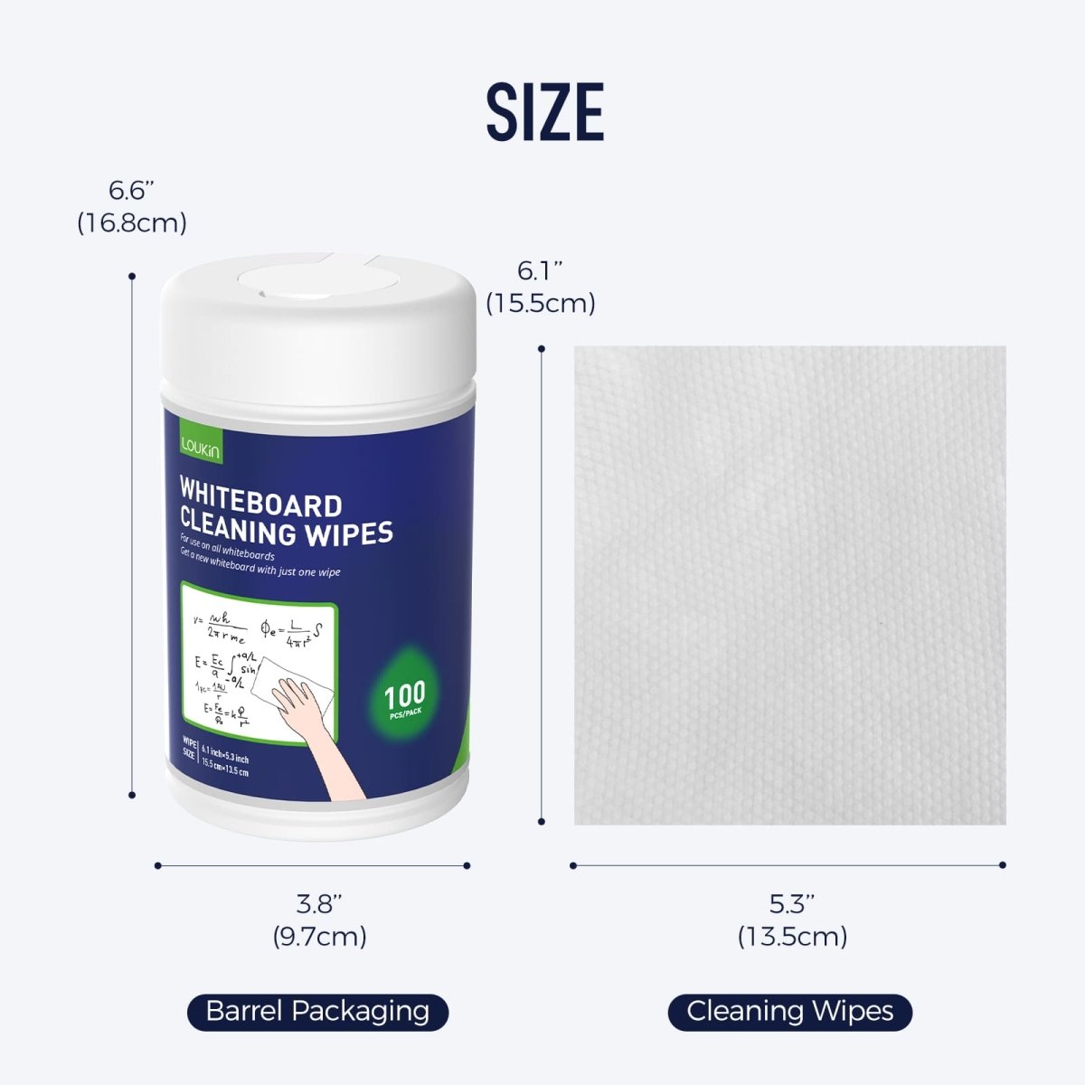 A product image of the LOUKIN whiteboard cleaning wipes, SKU W3203, showing the dimensions of both the barrel packaging and a single cleaning wipe.