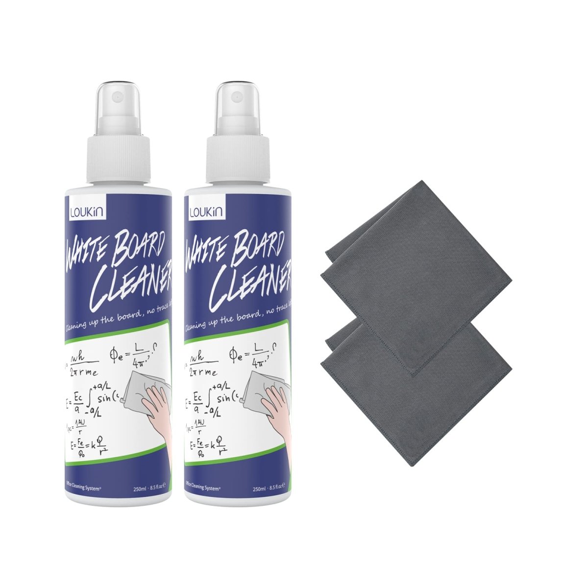 A product image of the LOUKIN 250ml whiteboard cleaner 2-pack kit, showing two bottles of cleaner and two cleaning cloths.