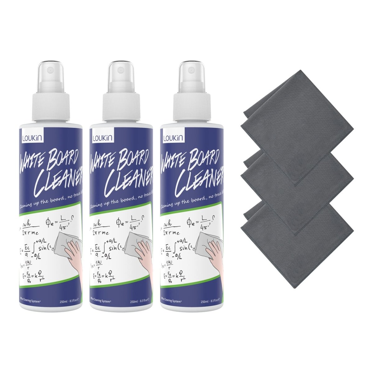 A product image of the LOUKIN 250ml whiteboard cleaner 3-pack kit, showing three bottles of cleaner and three cleaning cloths.