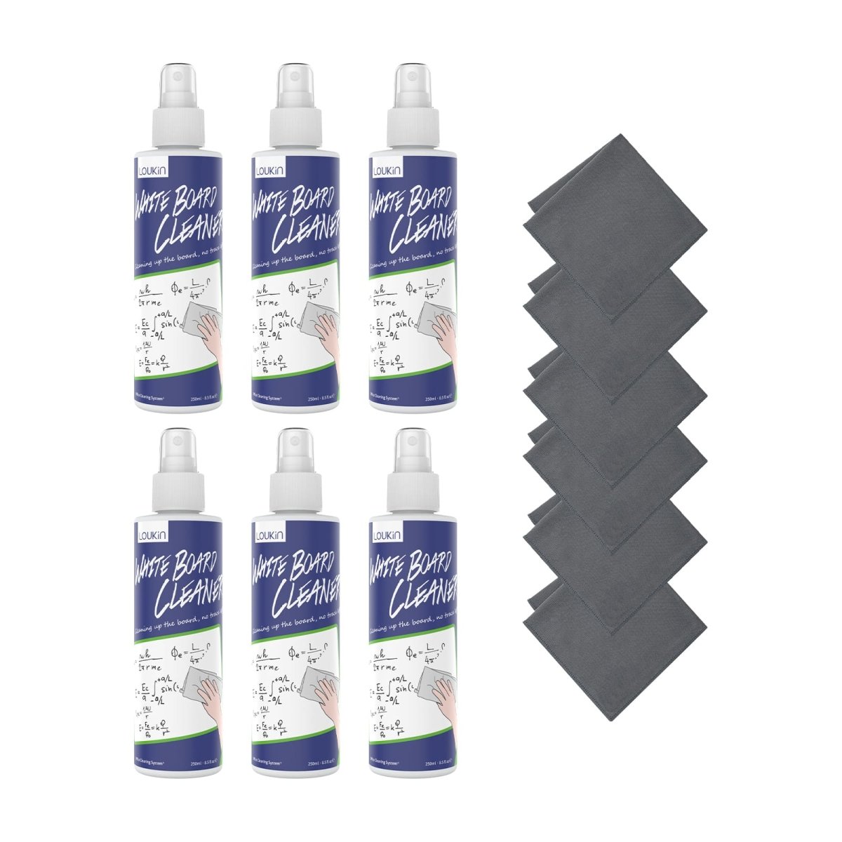 A product image of the LOUKIN 250ml whiteboard cleaner 6-pack kit, showing six bottles arranged neatly together.
