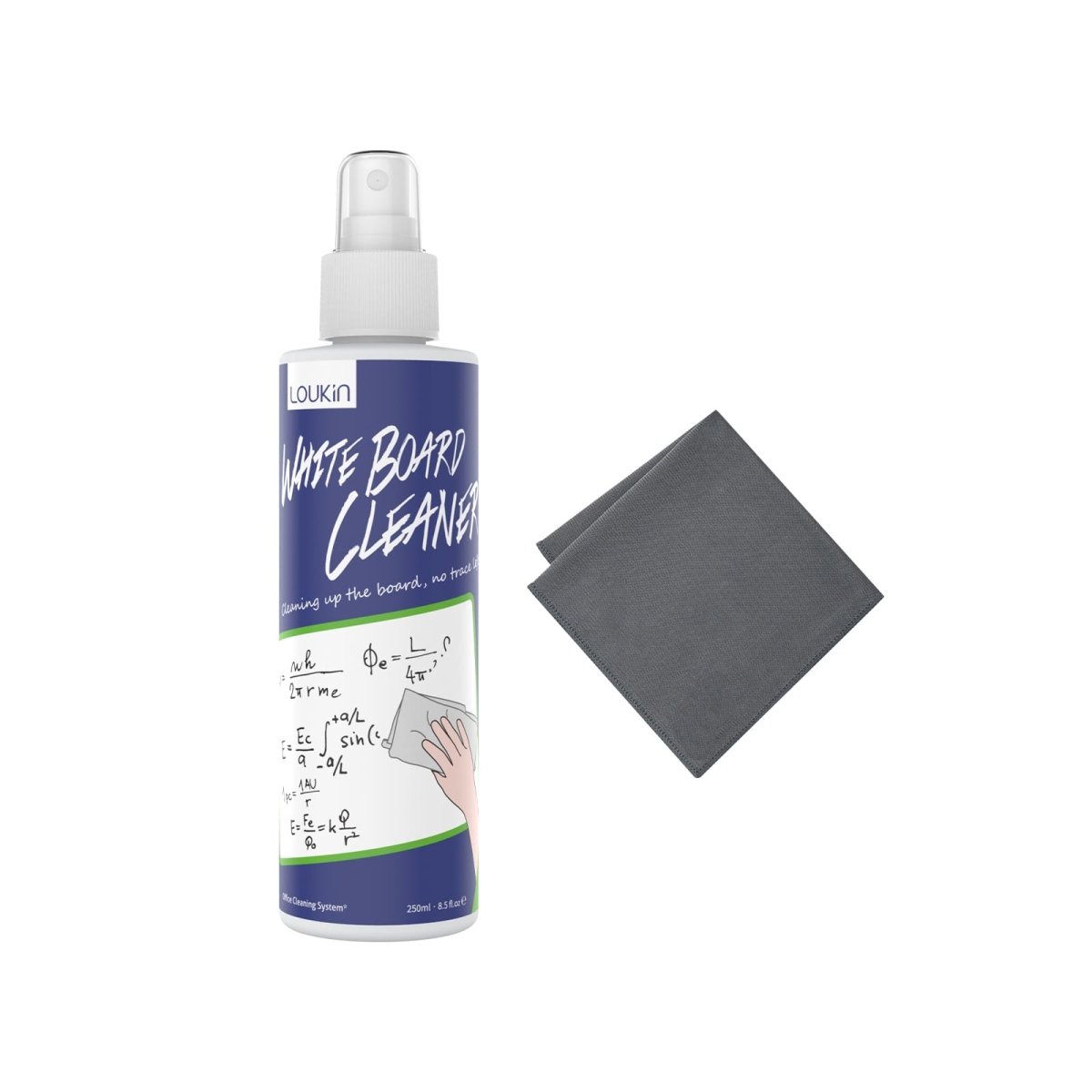 A product image of the LOUKIN 250ml whiteboard cleaner, SKU W3401, showing the single bottle of cleaner and the included cleaning cloth.