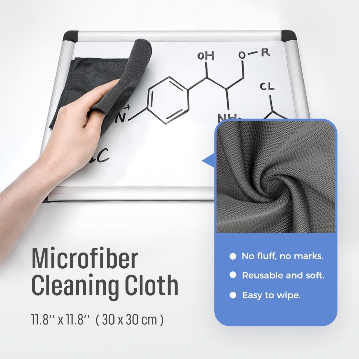 A product image showing the microfiber cleaning cloth included with the LOUKIN W3401 whiteboard cleaning kit, highlighting that it is reusable and soft.