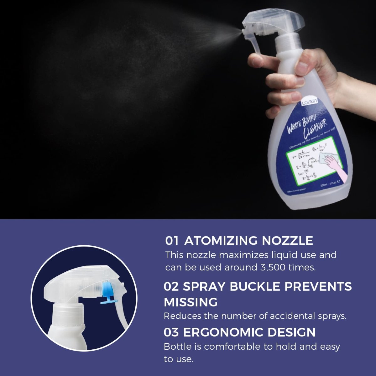 A product image of the LOUKIN 500ml whiteboard cleaner, SKU W3404, showcasing the atomizing nozzle that delivers a fine mist for maximum liquid utilization. The image also highlights its spray buckle and ergonomic design.