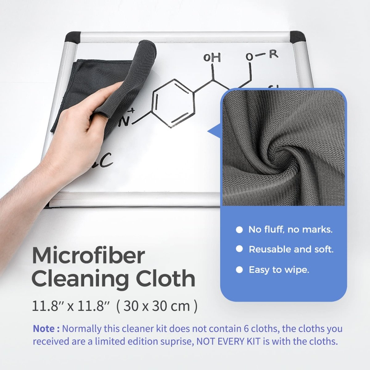 A product image showing the microfiber cleaning cloth included with the LOUKIN W3404 whiteboard cleaning kit, highlighting that it is reusable and soft.